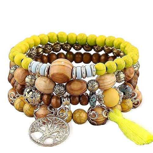 Boho Holz Perlen Armbänder für Frauen, 4 Stück Elastische Quaste Armband für Festival Outfit Baum des Lebens Charm, Einheitsgröße, Holzperlen, Kein Edelstein Boho Holz Perlen Armbänder für Frauen, 4 Stück Elastische Quaste Armband für Festival Outfit Baum des Lebens Charm, Einheitsgröße, Holzperlen, Kein Edelstein von DomoJoy