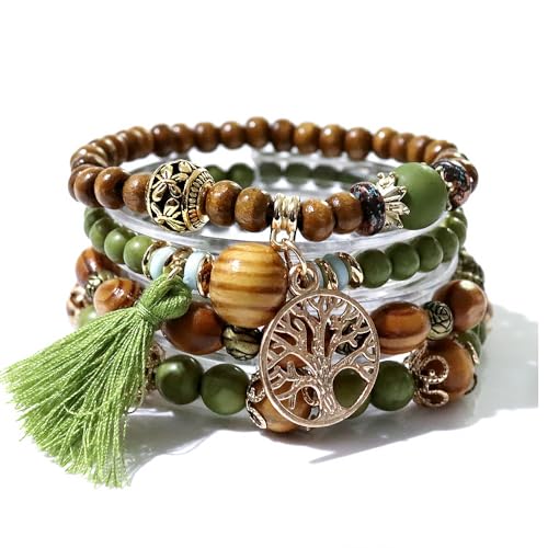Boho Holz Perlen Armbänder für Frauen, 4 Stück Elastische Quaste Armband für Festival Outfit Baum des Lebens Charm, Einheitsgröße, Holzperlen, Kein Edelstein Boho Holz Perlen Armbänder für Frauen, 4 Stück Elastische Quaste Armband für Festival Outfit Baum des Lebens Charm, Einheitsgröße, Holzperlen, Kein Edelstein von DomoJoy