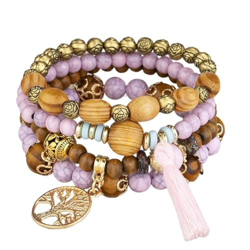 Boho Holz Perlen Armbänder für Frauen, 4 Stück Elastische Quaste Armband für Festival Outfit Baum des Lebens Charm, Einheitsgröße, Holzperlen, Kein Edelstein Boho Holz Perlen Armbänder für Frauen, 4 Stück Elastische Quaste Armband für Festival Outfit Baum des Lebens Charm, Einheitsgröße, Holzperlen, Kein Edelstein von DomoJoy