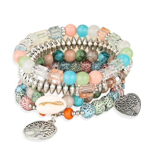 Boho Perlenarmbänder, Damen-Serie Glasperlen-Armband, Lebensbaum-Anhänger, elastisches wunderschönes Armband Paar mit böhmischer Kleidung, ein stilvolles Geschenk-Set von 4 Stück, Einheitsgröße, Glas von DomoJoy