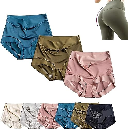 Nahtlose Formende Slips aus Satin-Eisseide, atmungsaktive Dreiecks-Slips aus Satin-Eisseide zum Po-Lifting, Stretch-Höschen für Damen mit hoher Taille und Bauchkontrolle (3pcs-c,XL) von DomoNe