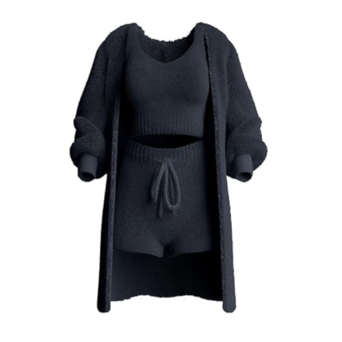 Shecozy Strickset 3-teilig, Damen Sexy Warm Fuzzy Fleece 3-teilige Outfits Pyjamas, Gemütliches Strickset 3-teilig (Black,2XL) von DomoNe