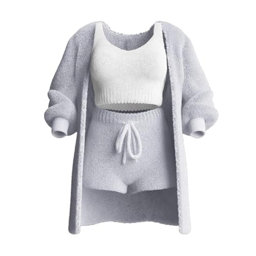 Shecozy Strickset 3-teilig, Damen Sexy Warm Fuzzy Fleece 3-teilige Outfits Pyjamas, Gemütliches Strickset 3-teilig (Gray,L) von DomoNe