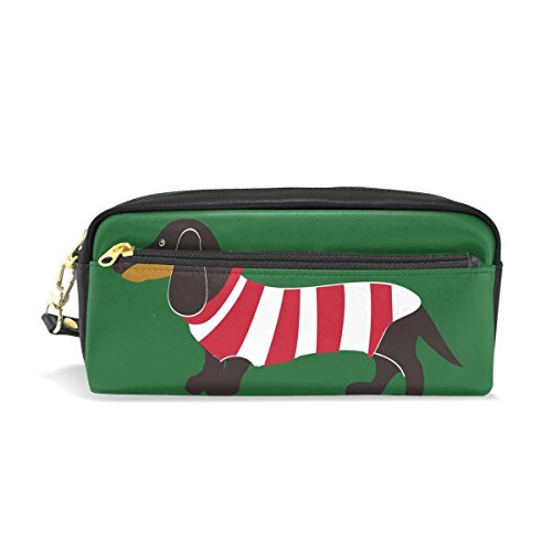 Domoko Stifte-Etui mit grünem Dackel-Hund, gestreift, PU-Leder, für Make-up, Kosmetik, Reisen, Schultasche von Domoko