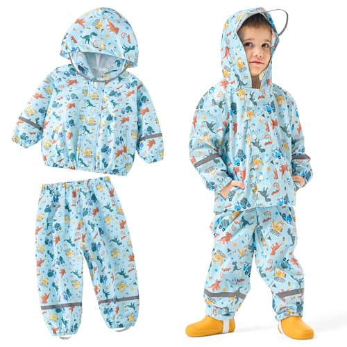 Domueay Jungen Regenanzug Kinder Wind-und Wasserdicht Regenjacke & Regenhose Leicht Netzfutter Blau Pferd Regenbekleidung Matschanzug Kapuzenjacke Hose Regenset für 2-3 Jahre von Domueay