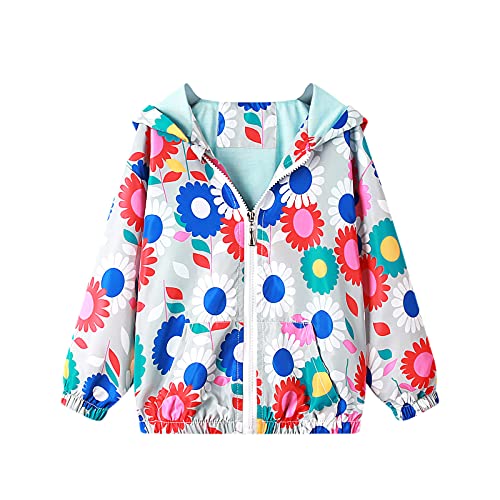 Domueay Kinder Jacke für Mädchen Kapuzen Blumen Bunt Mantel Outdoor Sport Windjacke Wind und Wasserdicht Mantel Sommer Frühling Herbst Licht Übergangsjacke Wanderjacke Outwear Jacken 3-4 Jahre von Domueay