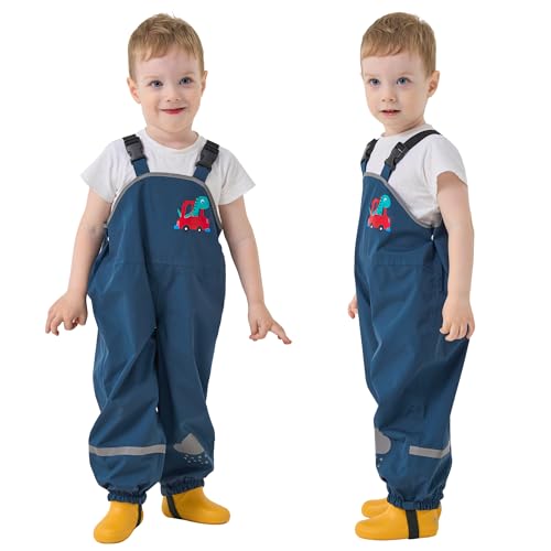 Domueay Kinder Matschhose Mädchen Jungen Dinosaurier Regenlatzhose Ungefüttert Wind-und wasserdichte Regenhose mit Reflektor Buddelhose Leicht Latzhose Regenbekleidung GR.122-128, Marineblau von Domueay