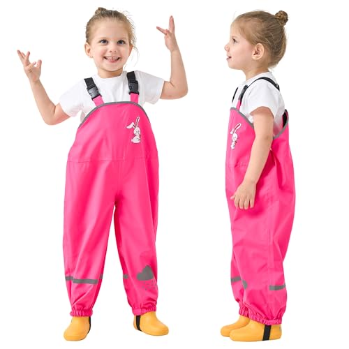 Domueay Kinder Matschhose Mädchen Jungen Regenlatzhose Ungefüttert Wind-und wasserdichte Regenhose mit Reflektor Buddelhose Leicht Latzhose Regenbekleidung GR.110-116, Rosarot Kaninchen von Domueay