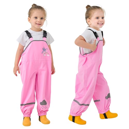 Domueay Kinder Matschhose Mädchen Rosa Pferd Regenlatzhose Ungefüttert Wind-und wasserdichte Regenhose mit Reflektor Buddelhose Leicht Outdoor Latzhose Regenbekleidung GR.134-140 von Domueay