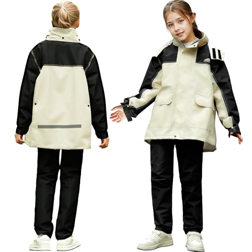Domueay Kinder Regenanzug Jungen Mädchen Wind-und Wasserdichter Anzug Leicht Ungefüttert Regenhose Regenmantel mit Kapuze, Unisex Jacke und Hose zweiteilig Regenbekleidung, 11-12 jahre, Beige von Domueay