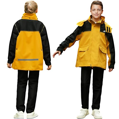 Domueay Kinder Regenanzug Jungen Mädchen Wind-und Wasserdichter Anzug Leicht Ungefüttert Regenhose Regenmantel mit Kapuze, Unisex Jacke und Hose zweiteilig Regenbekleidung, 11-12 jahre, Gelb von Domueay