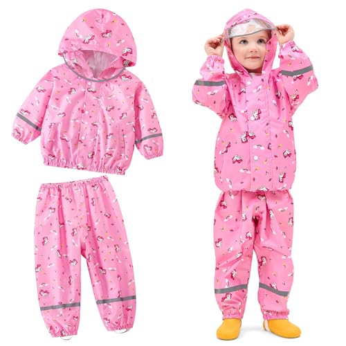 Domueay Kinder Regenanzug Mädchen Wind-und Wasserdicht Regenjacke & Regenhose Leicht Netzfutter Rosa Pferd Regenbekleidung Matschanzug Kapuzenjacke Hose Regenset für 1-2 Jahre von Domueay