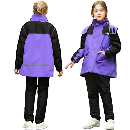 Domueay Kinder Regenanzug Mädchen Wind-und Wasserdichter Anzug Leicht Ungefüttert Regenhose Regenmantel mit Kapuze, Unisex Jacke und Hose zweiteilig Regenbekleidung, 13-14 jahre, Violett von Domueay