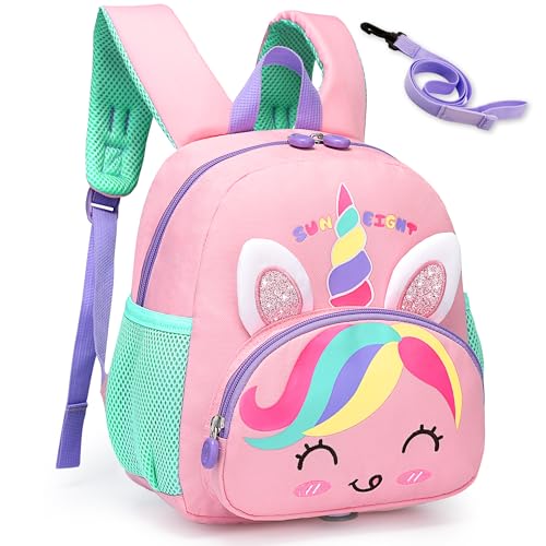 Domueay Kinderrucksack Mädchen Kindergartenrucksack Wasserdicht Rucksack Kinder Leicht Kinderrucksäcke Vorschule Rucksack mit Leine für Baby Kleinkind 1-5 Jahre, Einhorn von Domueay