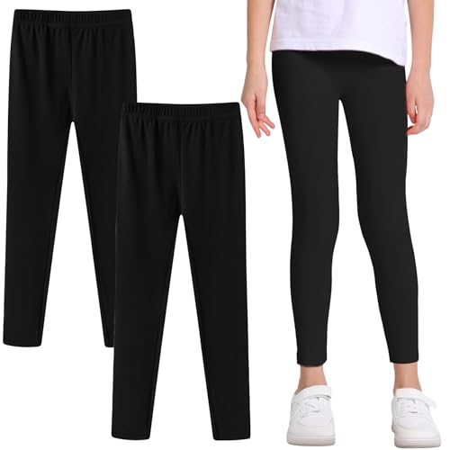 Domueay Leggings Mädchen 2er Pack Baumwolle Kinder Elastische Atmungsaktiv Sportleggings Lang Hosen Schwarz Einfarbige Sporthose Kinderhosen Activewear für Schule Tanzen, GR. 140-146 von Domueay