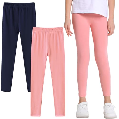 Domueay Leggings für Mädchen 2er Pack Baumwolle Kinder Elastische Atmungsaktiv Sportleggings Rosa Marineblau Lang Legging Sporthose Kinderhosen Activewear für Schule Tanzen, GR. 140-146 von Domueay