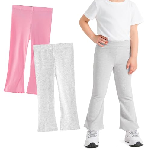 Domueay Leggings für Mädchen Baumwolle Schlaghosen 2er Pack Kinder Elastische Weich Sporthose Lang Flared Hosen Rosa Grau Einfarbige Yogahosen Kinderhosen Ballett Activewear, GR. 104-110 von Domueay