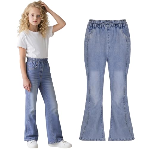 Domueay Mädchen Baggy Jeans Kinder Wide Leg Flare Denim Hosen mit Elastischem Bund Jeanshosen Hohe Taille Bootcut Weites Bein Lang Hose Pants Teenager Kleidung für 10-11 Jahre, Hellblau von Domueay