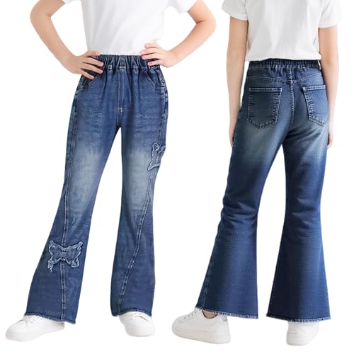 Domueay Mädchen Baggy Jeans Kinder Wide Leg Flare Denim Hosen mit Elastischem Bund Jeanshosen Hohe Taille Bootcut Weites Bein Lang Hose Teenager Kleidung für 8-9 Jahre, Blau Schmetterling von Domueay