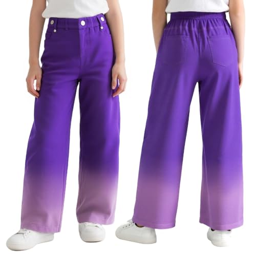 Domueay Mädchen Jeans Kinder Denim Wide Leg Hosen Baggy Jeanshosen Elastische Bequeme Weites Bein Hose mit Elastischem Bund Modern Mode Lang Pants Teenager Kleidung für 7-8 Jahre, Gr.128, Lila von Domueay