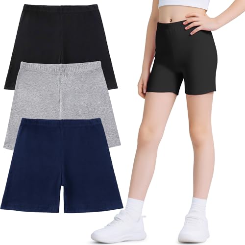 Domueay Mädchen Kurze Leggings Radlerhose 3er Pack Baumwolle Sommer Activewear Shorts Kinder Unter Kleid Hosen Sporthose Turnhose Sommerhose Sport Tanz Hosen GR. 122-128, Schwarz Grau Marine von Domueay