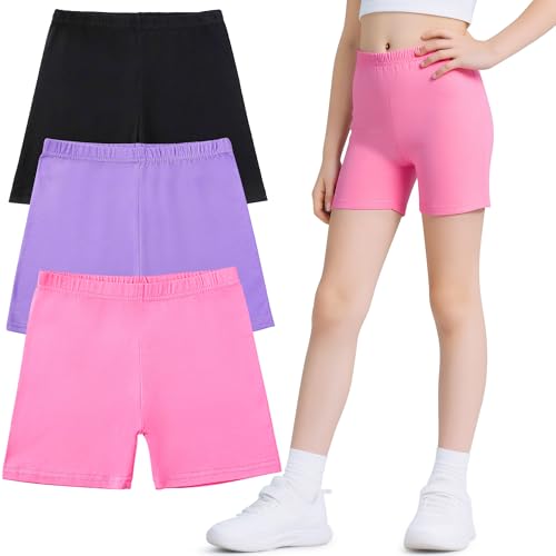 Domueay Mädchen Kurze Leggings Radlerhose 3er Pack Baumwolle Sommer Shorts Kinder Unter Kleid Hose Sporthose Turnhose Sommerhose Sport Tanz Activewear Hosen GR. 134-140, Schwarz Violett Rosa von Domueay