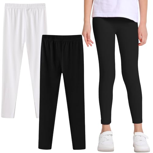 Domueay Mädchen Leggings 2er Pack Baumwolle Kinder Elastische Atmungsaktiv Sportleggings Lang Hosen Schwarz Weiß Einfarbige Sporthose Kinderhosen Activewear für Schule Tanzen, GR. 134-140 von Domueay