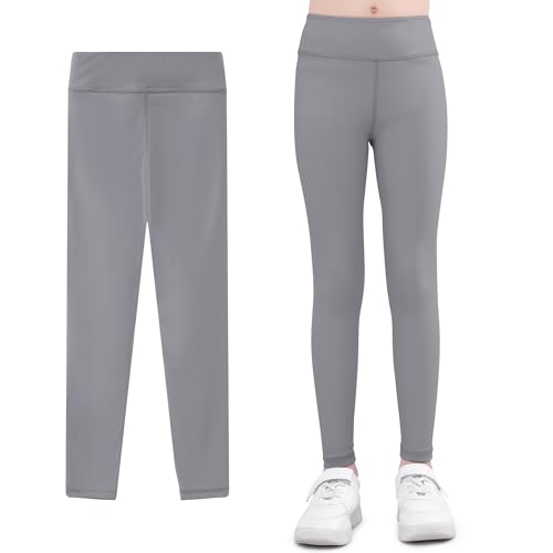 Domueay Mädchen Leggings High Waist Yogahose Atmungsaktiv Sportleggins Jogginghose, Grau Laufhose Sporthose Trainninghose Kinder Elastisch Gymnastik Sport Lang Hose 8-9 Jahre, GR. 134-140 von Domueay