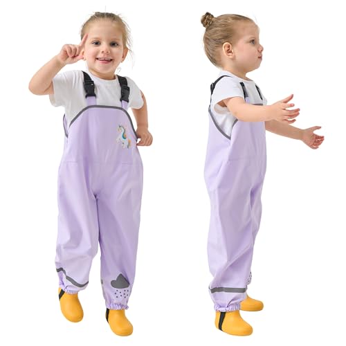 Domueay Mädchen Matschhose Kinder Lila Pferd Regenlatzhose Ungefüttert Wind-und wasserdichte Regenhose mit Reflektor Buddelhose Leicht Outdoor Latzhose Regenbekleidung GR.122-128 von Domueay