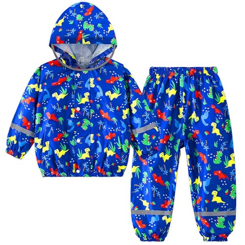 Domueay Regenanzug Kinder Jungen Wasserdicht Regenjacke und Regenhose Atmungsaktiv Leicht Regenbekleidung Kapuze Zweiteiliger Matschanzug Outdoor Regenset 4-5 Jahre, 104-110 Blau von Domueay