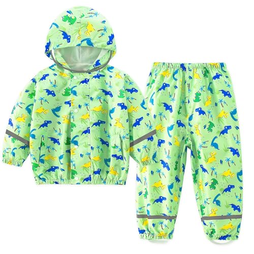 Domueay Regenanzug Kinder Jungen Wasserdicht Regenjacke und Regenhose Atmungsaktiv Leicht Regenbekleidung Kapuze Zweiteiliger Matschanzug Outdoor Regenset 5-6 Jahre, 110-116 Grün von Domueay