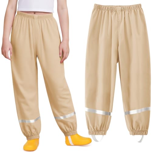 Domueay Regenhose Kinder Matschhose Jungen Mädchen Wasserdicht Winddicht Buddelhose Ungefüttert Atmungsaktiv Dünn Überziehhose Reflektierend Regenbekleidung für 5-6 Jahre, 110-116 Khaki von Domueay