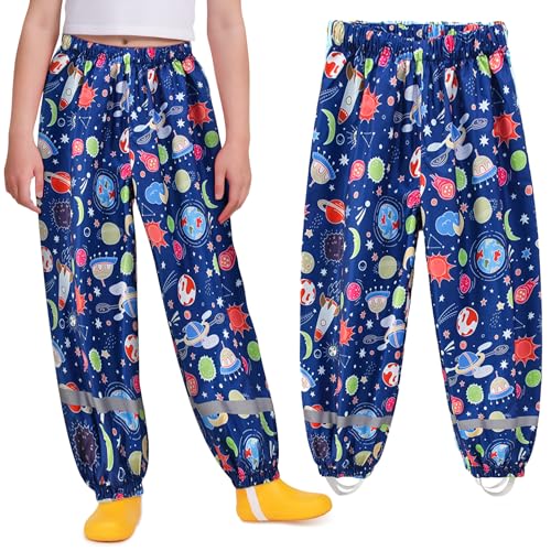 Domueay Regenhose Kinder Matschhose Jungen Mädchen Wasserdicht Winddicht Buddelhose Ungefüttert Atmungsaktiv Dünn Überziehhose Reflektierend Regenbekleidung für 5-6 Jahre, 110-116 Marineblau von Domueay