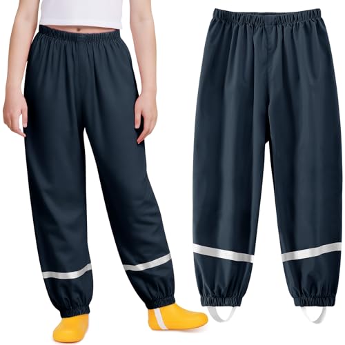 Domueay Regenhose Kinder Matschhose Jungen Mädchen Wasserdicht Winddicht Buddelhose Ungefüttert Atmungsaktiv Dünn Überziehhose Reflektierend Regenbekleidung für 7-8 Jahre, 122-128 Marineblau von Domueay