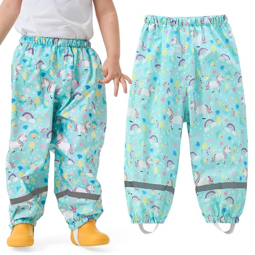 Domueay Regenhose Kinder Matschhose Mädchen Wasserdicht Winddicht Buddelhose Ungefüttert Atmungsaktiv Dünn Überziehhose Reflektierend Regenbekleidung für 9-10 Jahre, 134-140 Grün von Domueay