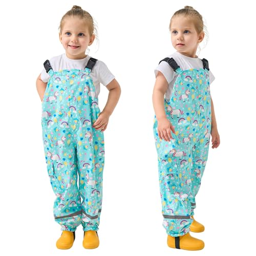Domueay Regenhose Kinder Matschhose Mädchen Wasserdicht Winddicht Regenlatzhose Atmungsaktiv Ungefüttert Buddelhose Outdoor Reflektierend Regenbekleidung für Kleinkind 5 Jahre, 110-116 Grün von Domueay