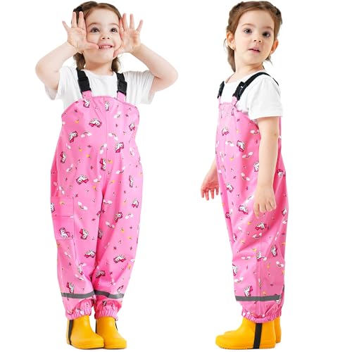 Domueay Regenhose Kinder Matschhose Mädchen Wasserdicht Winddicht Regenlatzhose Atmungsaktiv Ungefüttert Buddelhose Outdoor Reflektierend Regenbekleidung für Kleinkind 5 Jahre, 110-116 Rosa von Domueay