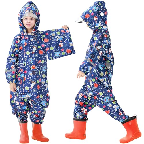 Domueay Regenmantel Kinder Jungen Regenanzug Atmungsaktiv Wasserdicht Kapuze Einteilig Leicht Matschanzug Outdoor Overall Regenjack 5-7 Jahre von Domueay