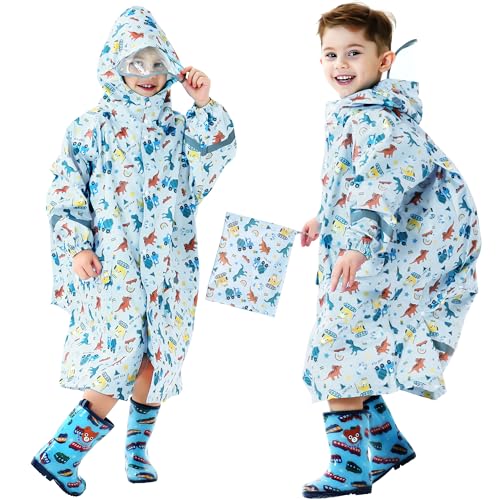 Domueay Regenmantel Kinder Jungen Regenponcho Wasserdicht Atmungsaktiv Kapuze Regencape Leichter Einteilig Dinosaurier Regenjacke Outdoor Overall Regenbekleidung 7-9 Jahre,Hellblau von Domueay