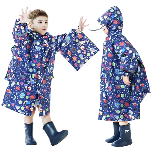 Domueay Regenmantel Kinder Jungen Regenponcho Wasserdicht Atmungsaktiv Kapuze Regencape Leichter Einteilig Regenjacke Outdoor Overall Regenbekleidung 3-5 Jahre,Marineblau von Domueay