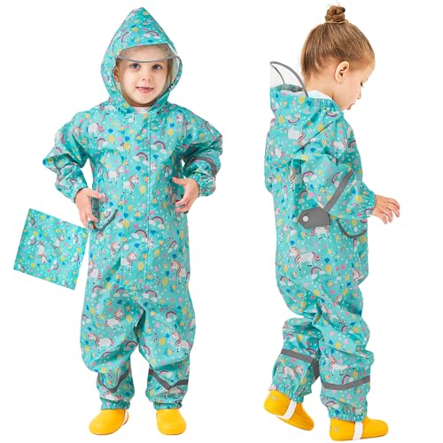 Domueay Regenmantel Kinder Mädchen Regenanzug Atmungsaktiv Wasserdicht Kapuze Einteilig Leicht Matschanzug Outdoor Overall Regenjack 5-7 Jahre, Grün von Domueay
