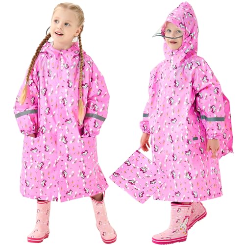 Domueay Regenmantel Kinder Mädchen Regenponcho Wasserdicht Atmungsaktiv Kapuze Regenjacke Leichter Einteilig Einhorn Regencape Outdoor Overall Regenbekleidung 7-9 Jahre,Rosa von Domueay