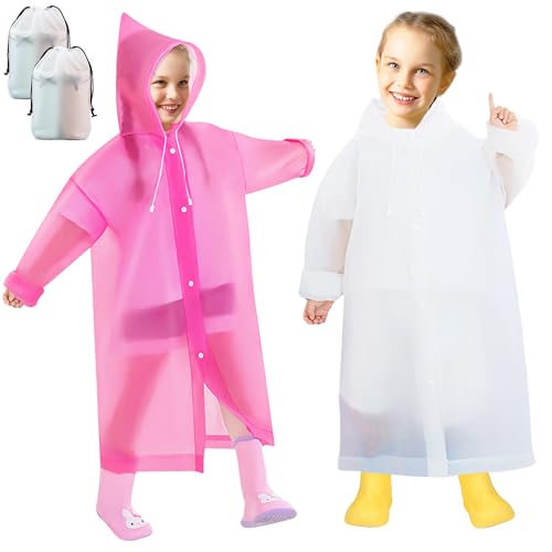 Domueay Regenponcho Kinder 2 Stück Wasserdicht Wiederverwendbar Durchsichtig Regencape mit Kapuze und Ärmeln Atmungsaktiv EVA Regenmantel Faltbar Leichte Regen Poncho für Mädchen, Weiß und Rosa von Domueay