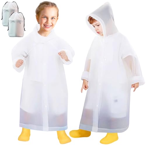 Domueay Regenponcho Kinder 2 Stück Wasserdicht Wiederverwendbar Durchsichtig Regencape mit Kapuze und Ärmeln EVA Faltbar Leichte Regenmantel Unisex Regen Poncho für Mädchen Jungen, Weiß von Domueay