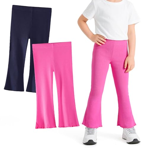 Domueay Schlaghose Mädchen 2er Pack Baumwolle Flared Leggings Kinder Elastische Atmungsaktiv Sportleggings Marineblau Rosarot Legging Sporthose Kinderhosen Schule Tanzen Activewear, GR. 98-104 von Domueay