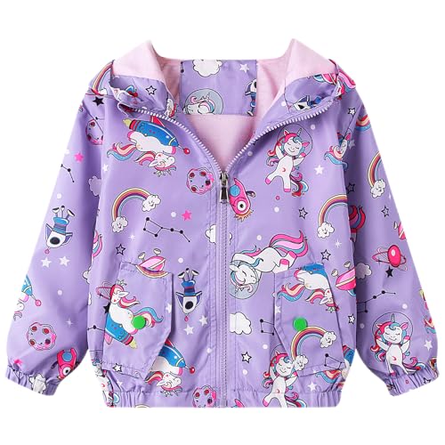 Domueay Softshelljacke Mädchen Übergangsjacke Kinder Frühling Herbst Jacken Leichte Jacke mit Kapuze Dünne Gefütterte Windjacke Atmungsaktiv Mäntel 2-3 Jahre, GR. 92-98 Lila Pferd von Domueay