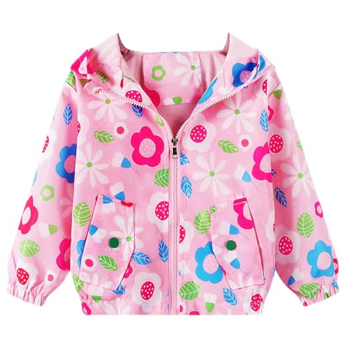 Domueay Softshelljacke Mädchen Übergangsjacke Kinder Frühling Herbst Jacken Leichte Jacke mit Kapuze Dünne Gefütterte Windjacke Atmungsaktiv Mäntel 4-5 Jahre, GR. 104-110 Rosa Blumen von Domueay
