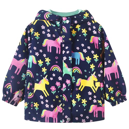 Domueay Softshelljacke Mädchen Wasserdicht Regenjacke Kinder Übergangsjacke Leichte Atmungsaktiv Jacken mit Kapuze Frühling Herbst Windjacke Winddicht Mantel 3-4 Jahre, GR.98-104 Dunkelblau von Domueay