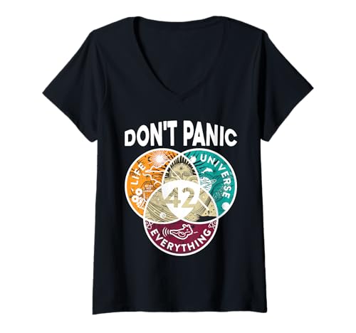 Damen Keine Panik Die Antwort auf Life Universe Everything 42 Lustig T-Shirt mit V-Ausschnitt von Don't Panic 42 Tee