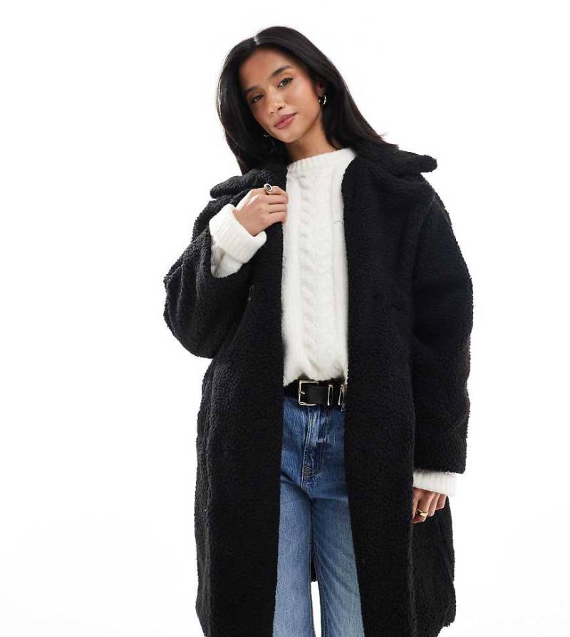 DTT Petite - Zweireihige Longline-Jacke aus Teddyfell in Schwarz von Don't Think Twice